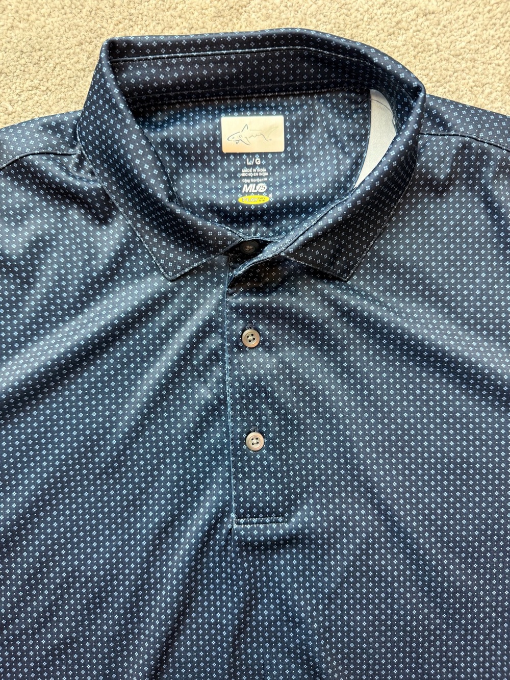 Greg Norman ML75 Play Dry Golf Polo Shirt Men's Large Navy Blue Geometric Print